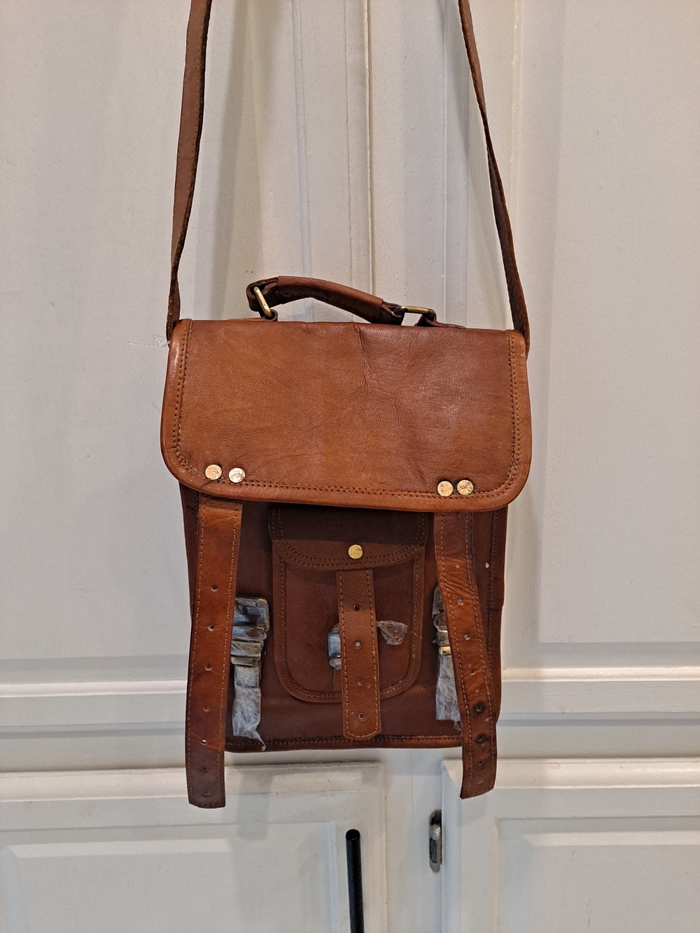 Artisan Vintage Brown Goat Leather Unisex Messenger Satchel Bag w/Brass Accents